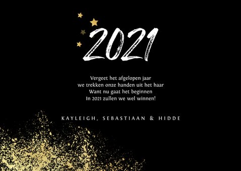 Nieuwjaarskaart 2021 stijlvol goud spetters vuurwerk 3