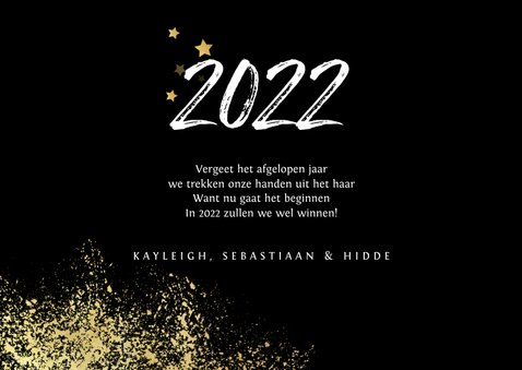 Nieuwjaarskaart 2022 stijlvol goud spetters vuurwerk 3
