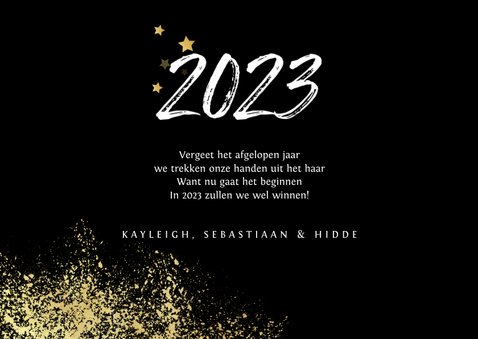 Nieuwjaarskaart 2023 stijlvol goud spetters vuurwerk 3