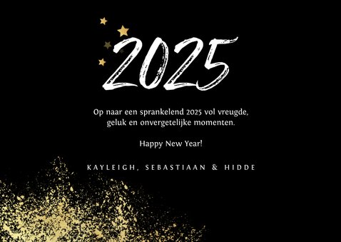 Nieuwjaarskaart 2025 stijlvol goud spetters vuurwerk 3