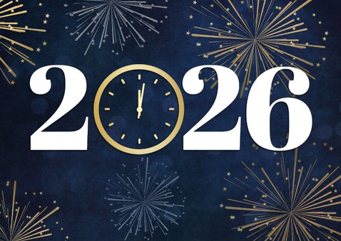 Nieuwjaarskaart 2026 met klok op 12 uur en vuurwerk 2