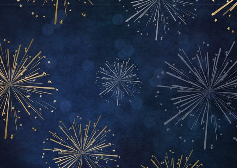 Nieuwjaarskaart 2026 met klok op 12 uur en vuurwerk Achterkant