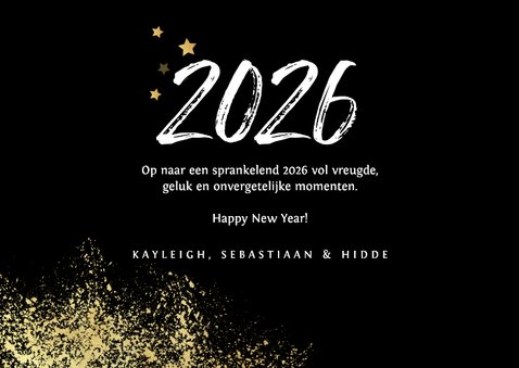 Nieuwjaarskaart 2026 stijlvol goud spetters vuurwerk 3