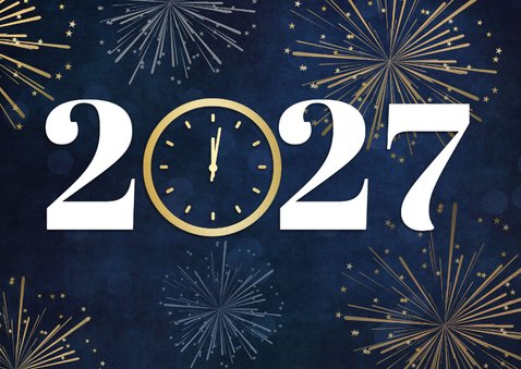 Nieuwjaarskaart 2027 met klok op 12 uur en vuurwerk 2