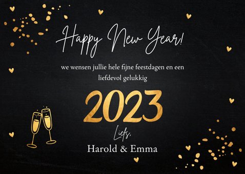 Nieuwjaarskaart foto confetti goudlook hout krijtbord 3