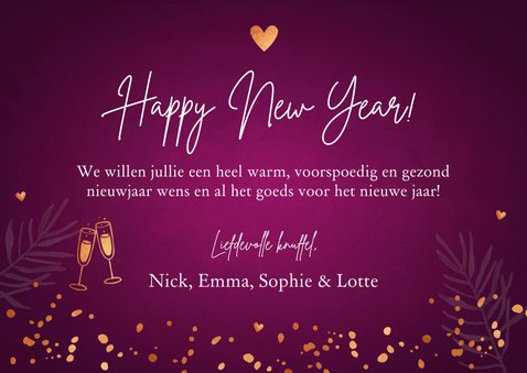 Nieuwjaarskaart fotocollage paars lampjes confetti koperlook 3
