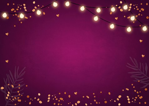 Nieuwjaarskaart fotocollage paars lampjes confetti koperlook Achterkant