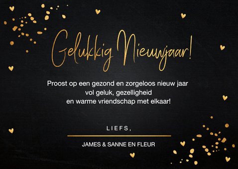 Nieuwjaarskaart fotocollage zwart goudlook confetti hartjes 3