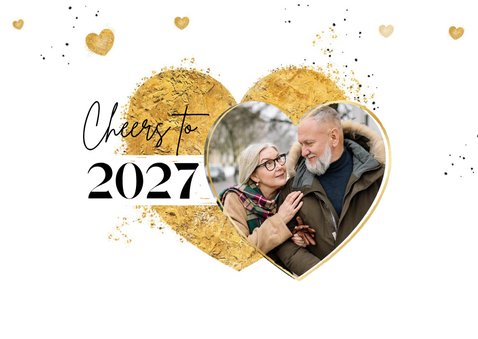Nieuwjaarskaart liefdevol hartjes champagne goud proost 2