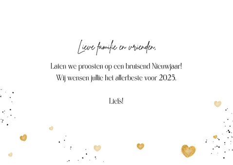 Nieuwjaarskaart liefdevol hartjes champagne goud proost 3