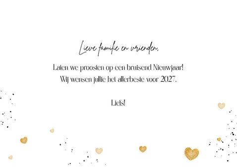 Nieuwjaarskaart liefdevol hartjes champagne goud proost 3
