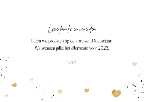 Nieuwjaarskaart liefdevol hartjes champagne goud proost 3