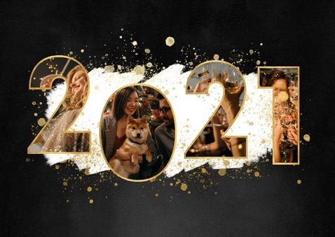 Nieuwjaarskaart met 2021 fotocollage, witte verf en spetters 2