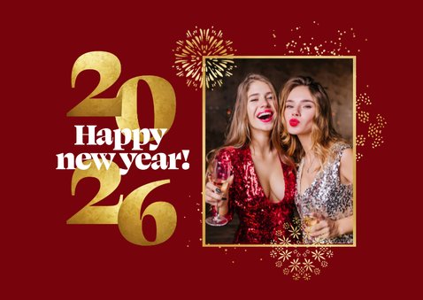 Nieuwjaarskaart met foto gouden vuurwerk 2026 cijfers 2