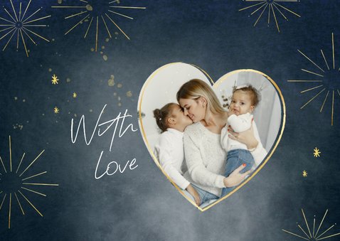 Nieuwjaarskaart met foto licht liefde goud vuurwerk 2026 2