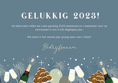Nieuwjaarskaart met illustraties van champagne en oliebollen 3