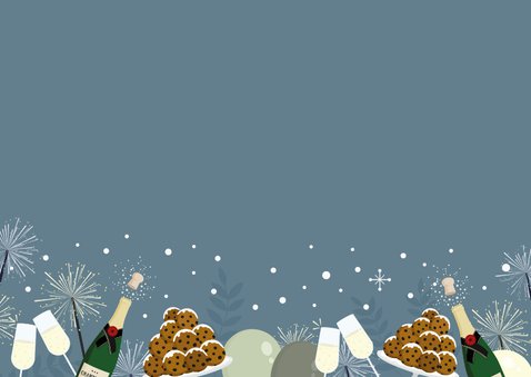 Nieuwjaarskaart met illustraties van champagne en oliebollen Achterkant