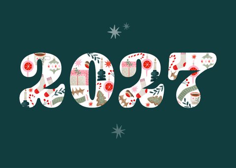 Nieuwjaarskaart met jaartal vrolijke illustraties sterren 2