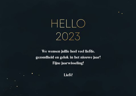 Nieuwjaarskaart minimalistisch blauw hello 2023 goudlook 3