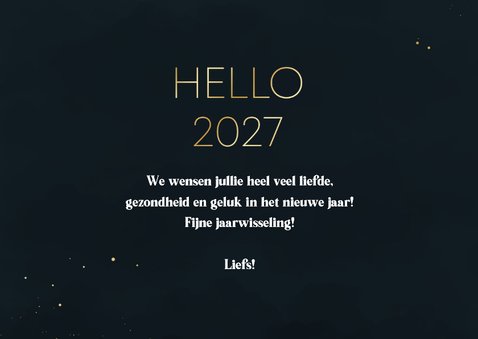 Nieuwjaarskaart minimalistisch blauw hello 2027 goudlook 3