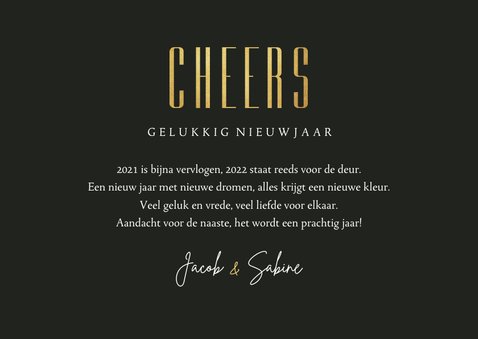 Nieuwjaarskaart stijlvol olijfgroen goud foto cheers 3