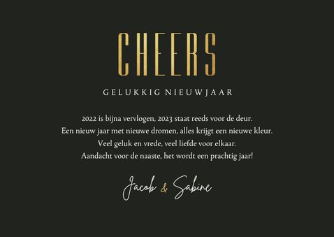 Nieuwjaarskaart stijlvol olijfgroen goud foto cheers 3