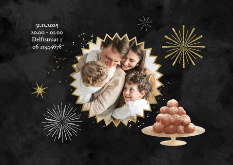 Nieuwjaarskaart uitnodiging oudejaarsavond vuurwerk oliebol 2