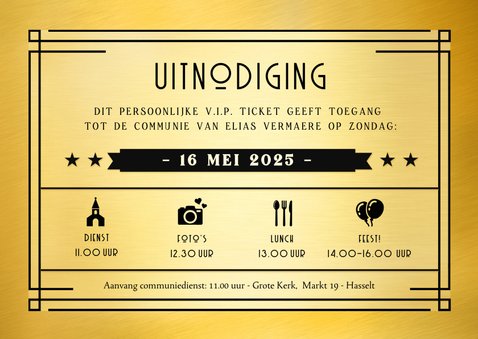 Originele communie uitnodiging als VIP ticket met foliedruk 3