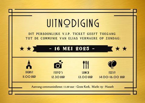 Originele communie uitnodiging als VIP ticket met foliedruk 3