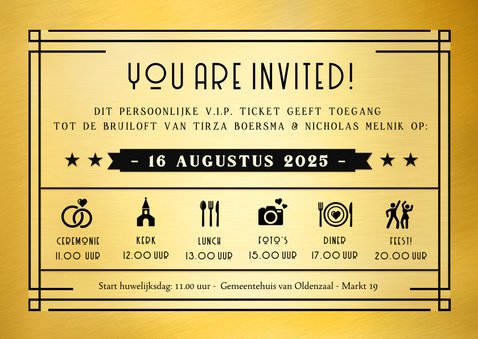 Originele VIP-ticket uitnodiging bruiloft met zwart en goud 3