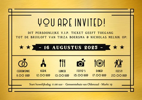 Originele VIP-ticket uitnodiging bruiloft met zwart en goud 3