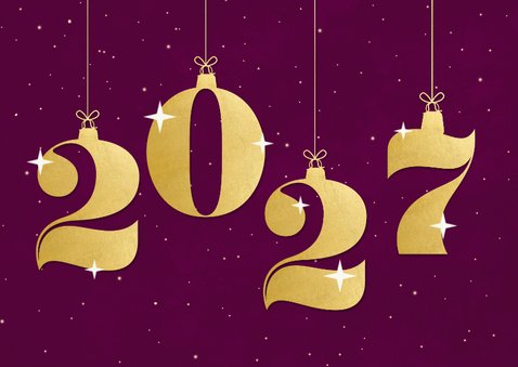 Paars kerstkaartje met sterren en gouden cijfers heelal 2