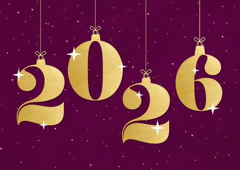 Paarse kaart met sterren en gouden cijfers gezond nieuwjaar 2