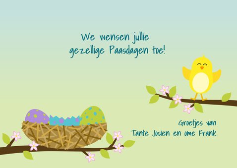 Paaskaart met vrolijk kuiken in vogelnest 3