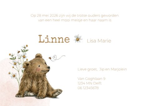 Rechthoekig geboortekaartje meisje met beer en bijtjes 3