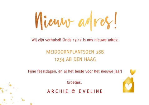 Rode kerst verhuiskaart met goudlook tekst verhuisd 3