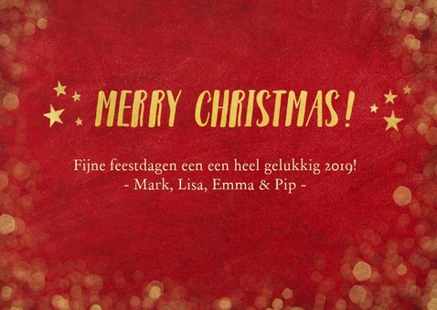 Rode kerstkaart met foto, gouden sterren, tekst en confetti 3