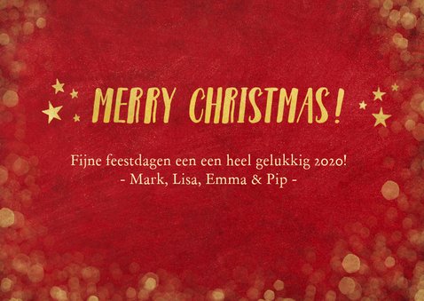 Rode kerstkaart met foto, gouden sterren, tekst en confetti 3