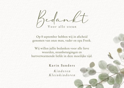 Rouw bedankkaart met groene eucalyptus takjes en foto's 3