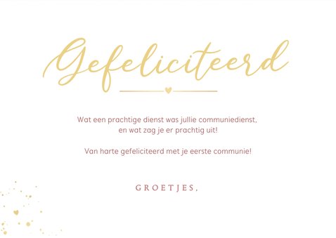 Roze felicitatiekaart met foto's communie van een meisje 3