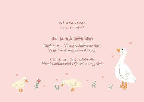 Roze geboortekaartje vierde kindje met gansjes en kuikentjes 3