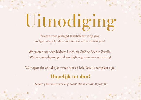 Roze uitnodiging familie feestje met confetti en goud 3