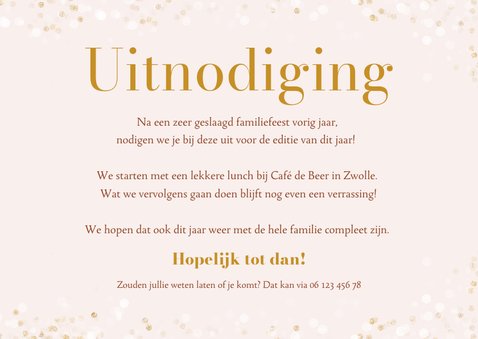 Roze uitnodiging familie feestje met confetti en goud 3