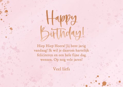 Roze waterverf verjaardagskaart happy birthday met spetters 3