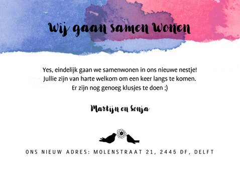 Samenwonen kaart met blauw en roos kleurvlek en vogels 3