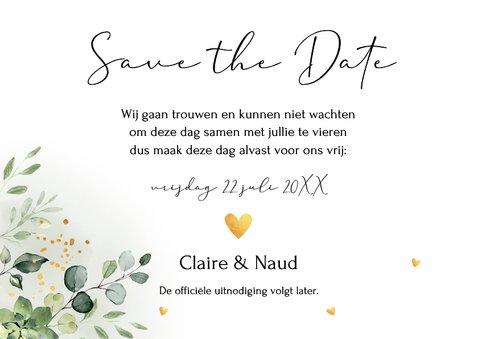 Save the Date kaart botanisch groen blaadjes goudlook 3
