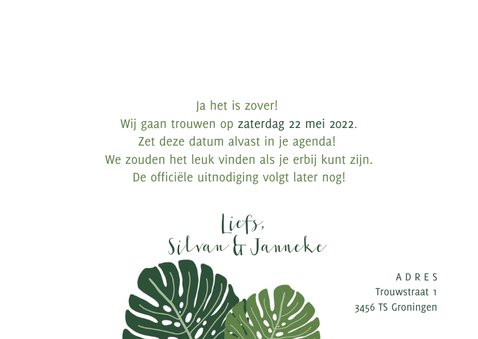 Save the date kaart botanisch met grote bladeren 3