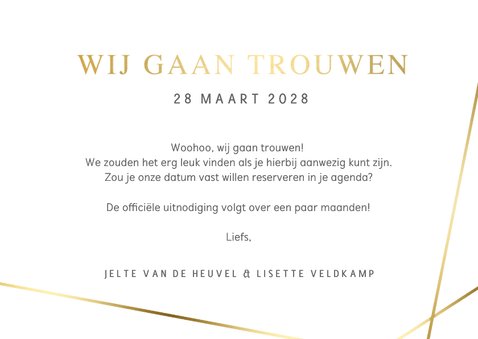 Save the Date kaart met eigen foto en gouden schuine lijnen  3