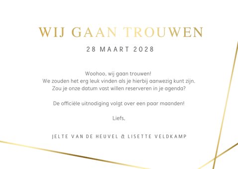Save the Date kaart met eigen foto en gouden schuine lijnen 3