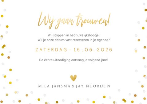 Save the Date kaart met grote eigen foto en confetti kader 3